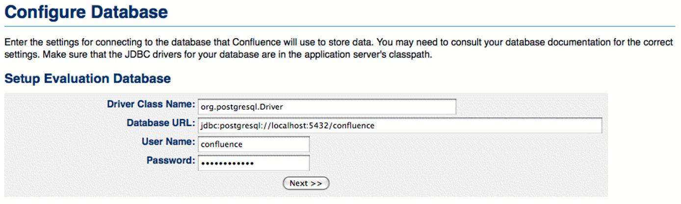 Confluence database connection details entry. Confluence database connection details entry.