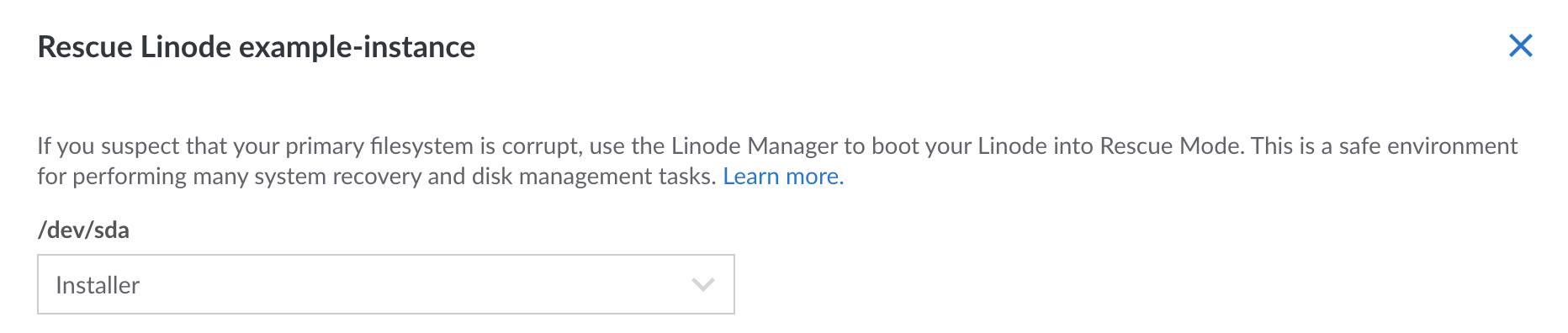 Screenshot of Rescue Mode configuration, with /dev/sda assigned to the Installer disk Screenshot of Rescue Mode configuration