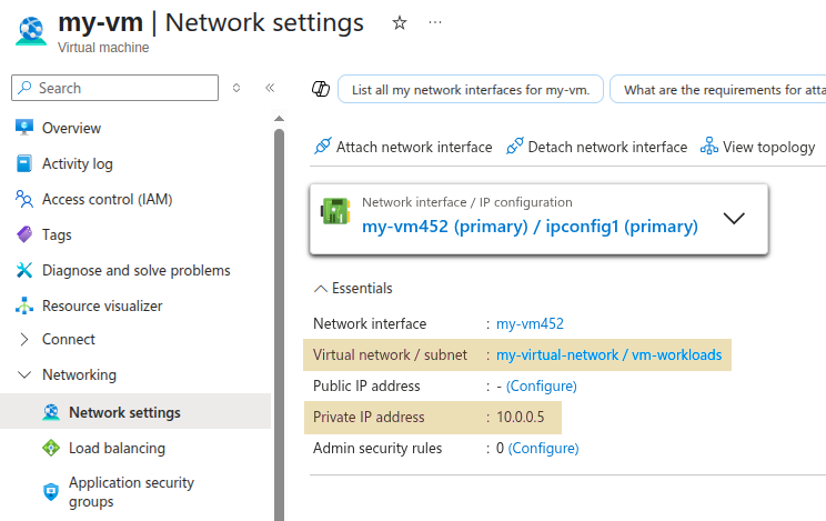 Azure Virtual Network subnet details screen.