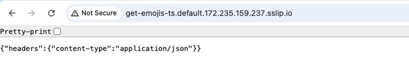 Successfully invoking the deployed get-emojis-ts Knative function in a web browser. Successfully invoking the deployed get-emojis-ts Knative function in a web browser.