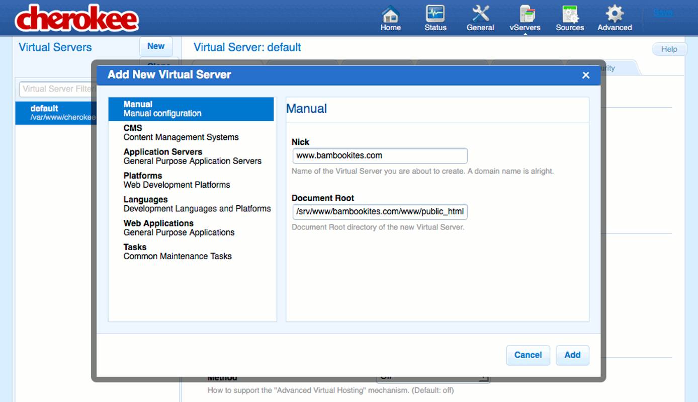 Adding a new virtual server on the vServers page of the Cherokee admin panel on Fedora 13. Adding a new virtual server on the vServers page of the Cherokee admin panel on Fedora 13.