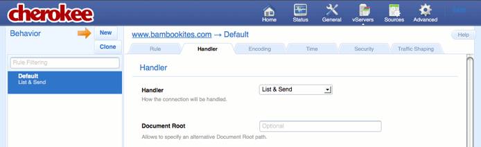 The Handler tab on the vServers page of the Cherokee admin panel on Fedora 13.